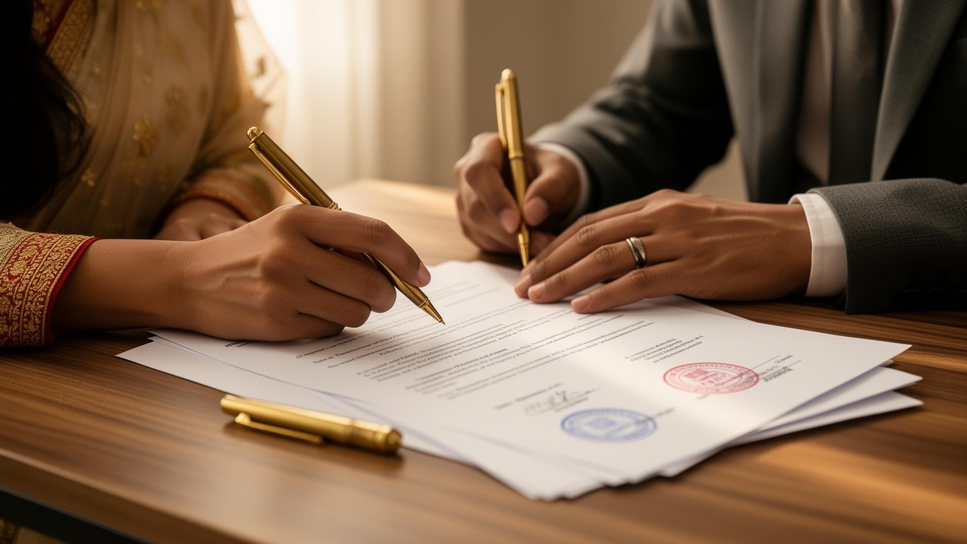 Indian couple signing property registration documents